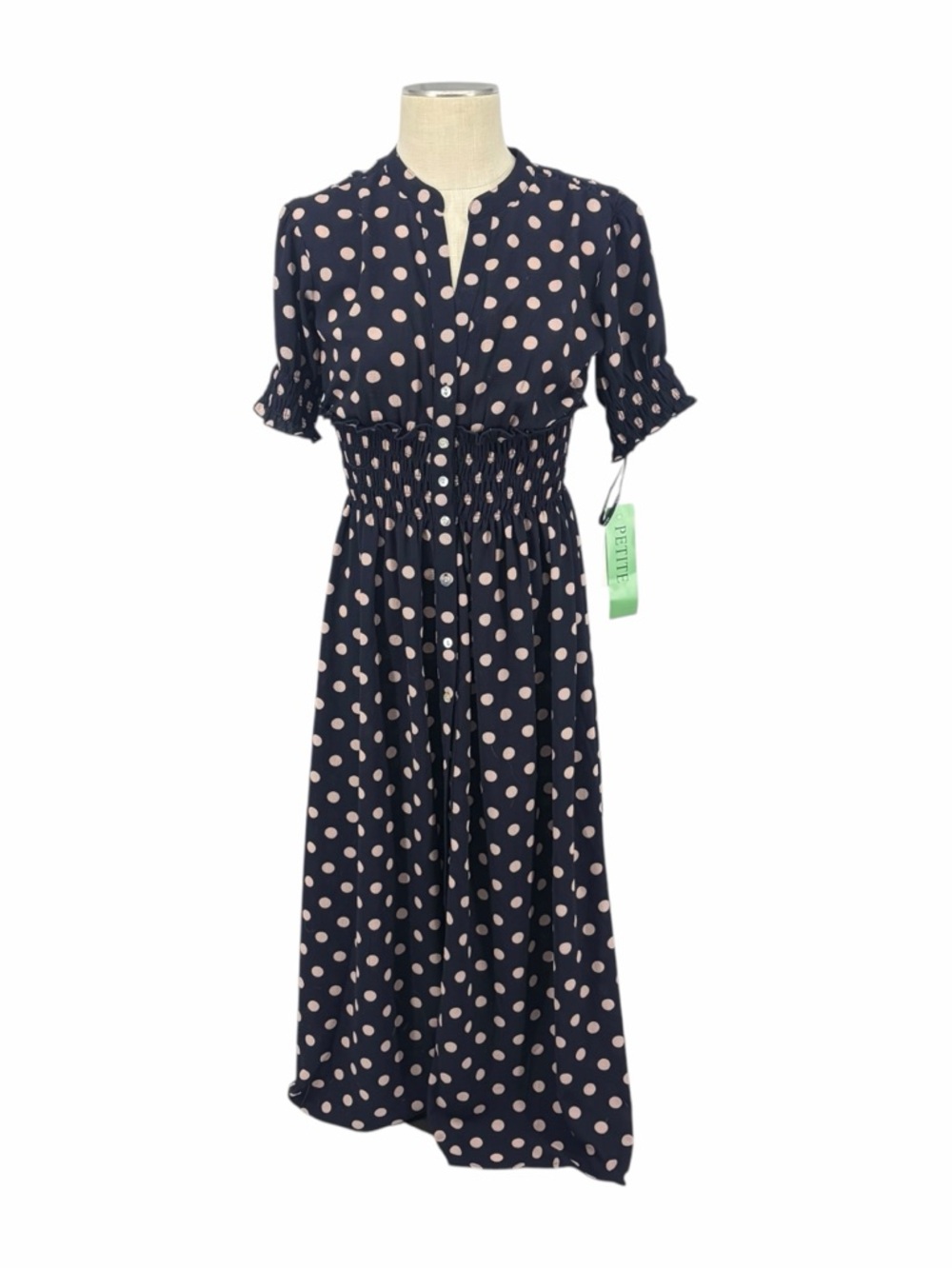 Kate & Lily Navy Polka Dot Midi Dress Smocked Waist Short Sleeve Womens